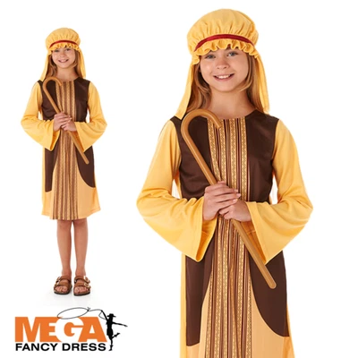 Girls Brown Shepherd Costume Nativity Play Christmas Kid Fancy Dress Outfit Xmas - Image 1 of 4