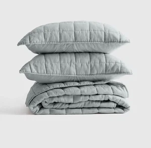 Quince Full Queen European Linen Box Quilt Set Mist Blue NWOT Open READ DESCRIPT - Picture 1 of 8