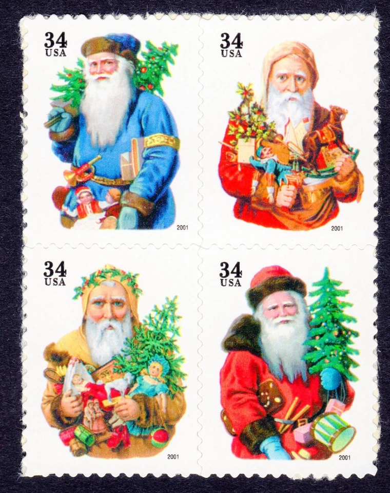 Scott #3540b Santa & Tree Block of 4 Stamps - MNH Blue 1st - Image 1 of 1