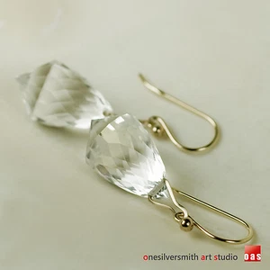 18k or 14k Pure Solid Gold Elongated Diamond Chandelier Icy Quartz Drop Earrings - Picture 1 of 12