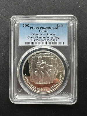 2002 Latvia  1 Lats Silver -TOP POP- PCGS PR69 DCAM---- Athens Olympic games---- - Image 1 of 2