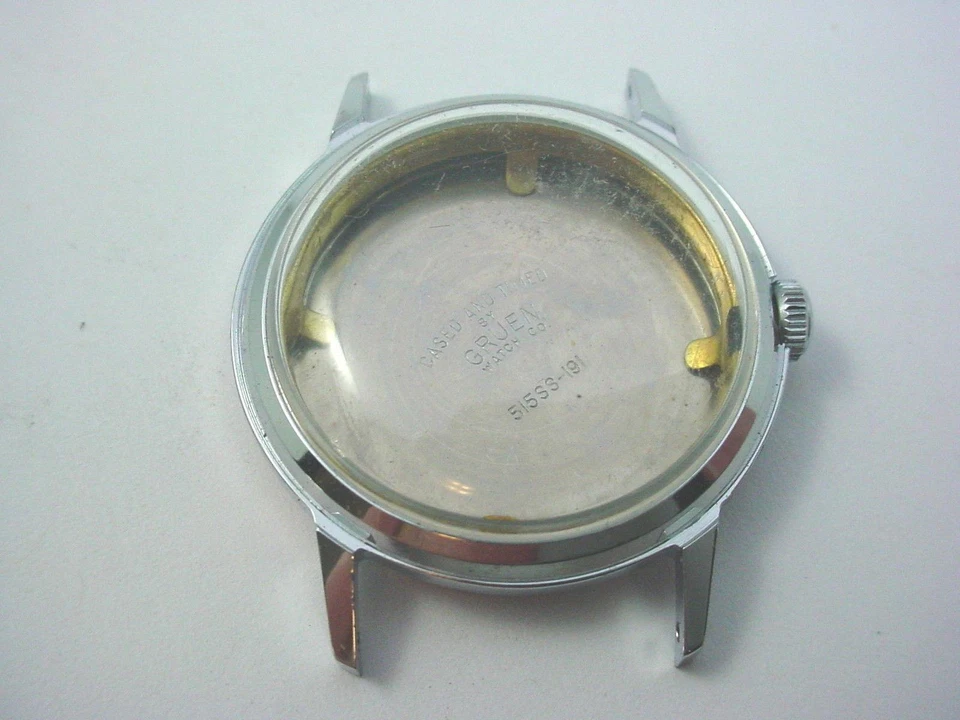 Vintage Watch Case Gruen Mens Stainlss id 27.85mm Crystal Case Ring & Back Crown - Photo 1/1