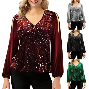 Women's Beaded V-Neck Pullover Top Strapless Fashion T-Shirt Sequined Trim - Picture 1 of 22
