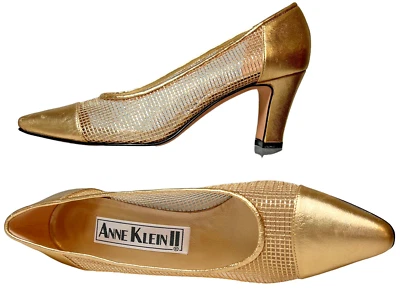 Vintage Anne Klein II Leather Metallic Gold Mesh Pumps 3” Heels 8N Narrow Italy - Image 1 of 4