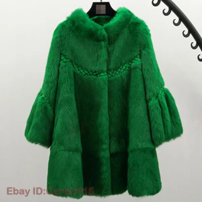 Women Winter 100% Real Rabbit Fur Coat Loose Mid Long Plus Size Jacket Outwear - Image 1 of 4