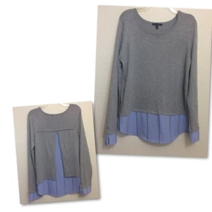 Olivia Sky Womens L Mixed Media Knit Sweater Pullover Heather Gray Stripe NWT - Picture 1 of 9