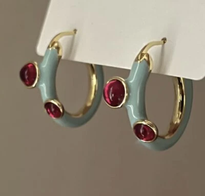 Anthropologie Hoop Earrings Blue Red CZ Gold Enamel Boho Irregular Drip Oil - Image 1 of 4