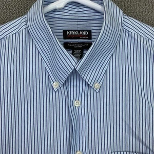 Kirkland Shirt Mens 17 34 35 Blue White Stripe Button Up Long Sleeve Cotton - Picture 1 of 12