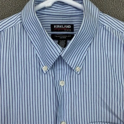 Kirkland Shirt Mens 17 34 35 Blue White Stripe Button Up Long Sleeve Cotton - Image 1 of 4