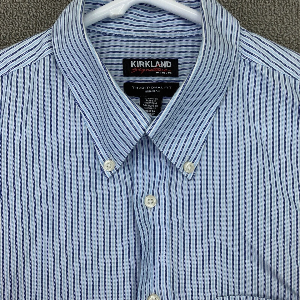 Camisa Kirkland Para Hombre 17 34 35 Azul Blanco Rayas Abotonada Manga Larga Algodón Foto 1 de 4