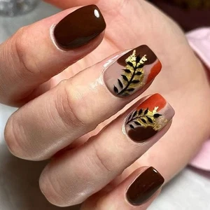 False Nail For Daily Party Brown Gold Foil ABS Press On Nail 24pieces/set - Picture 1 of 8