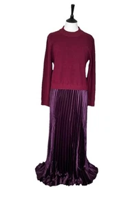 Nuovo senza etichette .. Favoloso abito maxi bordeaux manica lunga concertina gonna plissettata X L - Foto 1 di 6