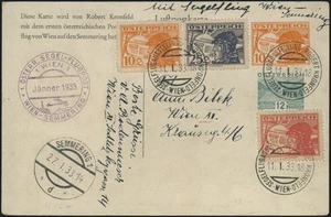 1933, AUSTRIA - AIR POST, FIRST FLIGHT POSTCARD VIENNA-SEMMERING SC.#C13/19 - Picture 1 of 2