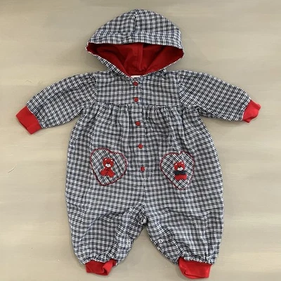 Mameluco Burbuja Vintage Años 90 Bebé Niña Una Pieza Conjunto Algodón Azul Cuadros Oso 3-6M Foto 1 de 4