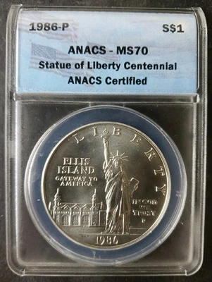 1986 P Uncirculated $1 Statue of Liberty Commemorative Silver Dollar ANACS MS70 - Image 1 of 2