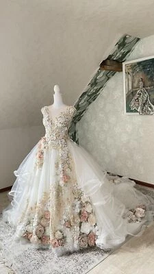 Fairytale Off White Lace A-Line Wedding Dress with 3D Golden Embroidery and Rose - Image 1 of 4