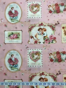 Victorian Rose Vintage Postcards Pink Cotton Quilting Fabric 1/2 YARD - Picture 1 of 3
