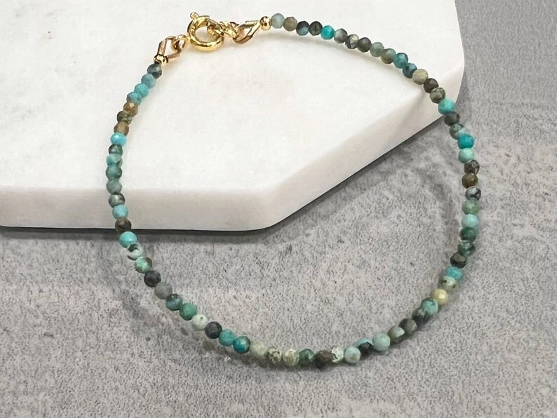 Dainty Turquoise Faceted Round Gemstone Beads 6-8'' Adjustable Women Bracelets - Image 1 of 4