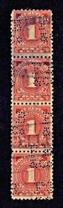 1914 U.S.DOCUMENTARY Rose 1c Numeral Strip of 4  Sc#R207 PERFIN Used - Picture 1 of 2