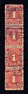 1914 U.S.DOCUMENTARY Rose 1c Numeral Strip of 4  Sc#R207 PERFIN Used - Image 1 of 2