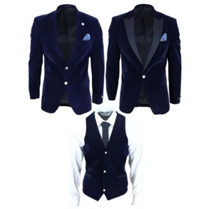 Mens Black Velvet Dinner Jacket Blazer Waistcoat Wedding Party Prom blue - Picture 1 of 13