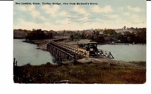 POSTCARD TROLLY BRIDGE VIEW FROM RICHARD'S GROVER NEW LONDON CONNECTICUT - 1914 - Picture 1 of 2