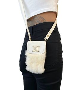CELINE Vintage Macadam Logo Shoulder Bag Pochette Leather Fur White Gold RankAB