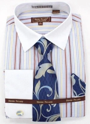 男式 Henri Picard 白色和蓝色条纹多色法国袖口衬衫套装 — 第 1/4 张图片