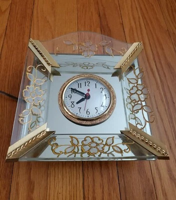 Винтажные Мантийные Часы Sessions Арт Деко Зеркало Стекло Золотая Эмаль Цветы - Изображение 1 из 4