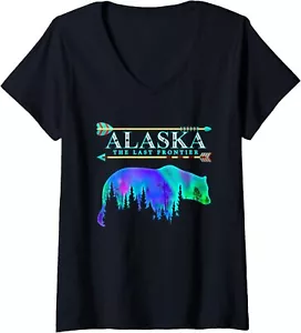 Womens Alaska State Pride Alaska Northern Lights Alaskan Bear V-Neck T-Shirt - Picture 1 of 6