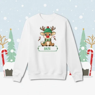JUST HOODS Kinder Weihnachtssweatshirt Rentier Motiv personalisiert mit Wunschnamen