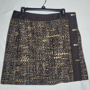 Falda de tweed marrón W By Worth talla 12 clásica moderna con cierre frontal a presión forrada - Imagen 1 de 12