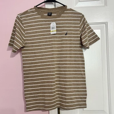 NAUTICA BOYS  SHORT SLEEVES BROWN WHITE STRIPES SIZE M 10/12 - Image 1 of 4