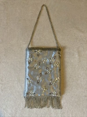VINTAGE RIVER ISLAND Silver/Grey Shiny Cloth Beaded Floral Small Handbag 🩶 - Image 1 of 4