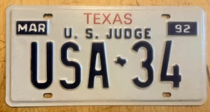 1992 US DISTRICT JUDGE JUDICIAL FEDERAL COURT LICENSE PLATE " USA 34 " - Picture 1 of 1