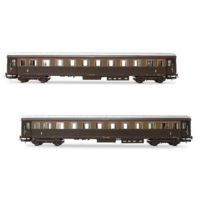 FS SET 2 CARROZZE LIVREA CASTANO/ISABELLA, 1 DI 2a CLASSE CON COMPARTO RISTORO 1 - Immagine 1 di 3