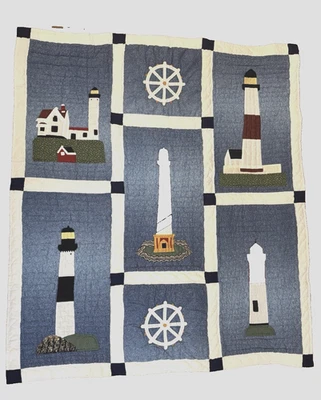 Vtg Handmade Machine Quilted Lighthouse Quilt 49”x 56" Nautical Red White Blue - Image 1 of 4
