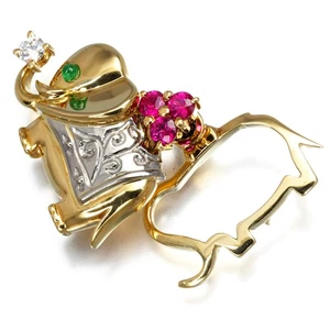 Auth WALTHAM Brooch Ruby 0.23ct Diamond 0.06ct Emerald Elephant Swing 18K YG/WG - Picture 1 of 6