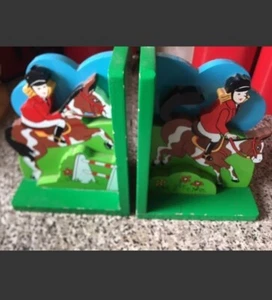 Vintage Bookends Wooden Horse / Pony Rider Book Ends 1980s - Picture 1 of 10