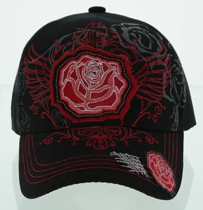 NEW! RED ROSE WING CAP HAT BLACK - Picture 1 of 4