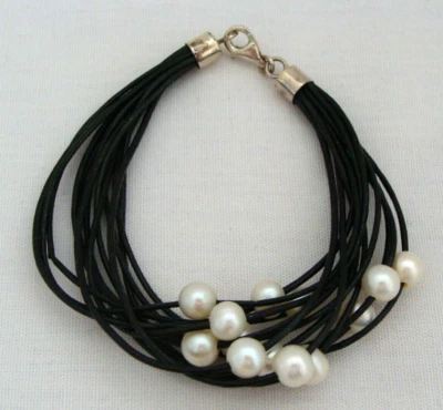 Faux Pearl And Faux Leather 13 Strand Bracelet With Sterling Silver Clasp - Image 1 of 4