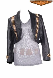 Women's Motorcycle Black Collared Soft Leather Bolero Jacket w/ Bones & Studs - Bild 1 von 6