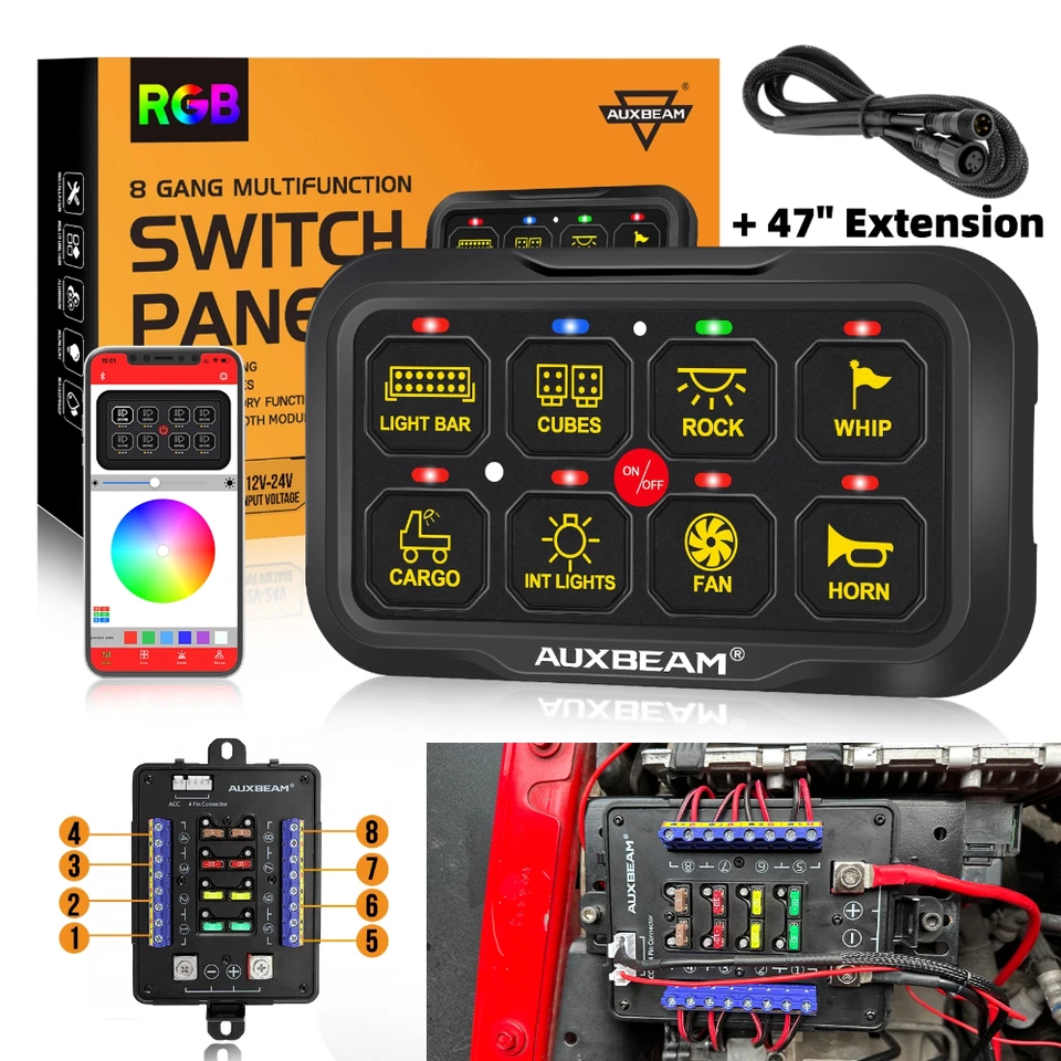 AUXBEAM 8 Gang AR-820 RGB Multifunction Switch Panel APP bluetooth+47" Extension - Imagem 1 de 4