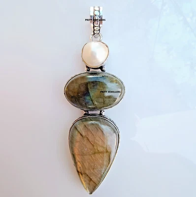 Labradorita con colgante enchapado en plata de perlas, collar grande antiguo hecho a mano Foto 1 de 4