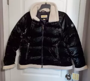 Michael Kors Damen XXL gefütterte Jacke schwarz mit weißem Kunstfellbesatz Mantel 320 $ - Bild 1 von 5