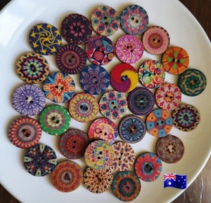50pcs 20mm Mix Retro Patterns Wooden 2 Hole Buttons - Picture 1 of 1