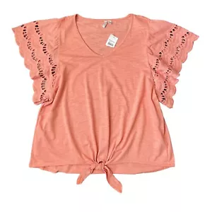 C Est 1946 Womens XL V-Neck Lace Eyelet Scalloped Short Sleeve Tie Front Top - Picture 1 of 6