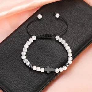 Natural White Howlite Cross Beads Gemstone Bracelet Men Women Adjustable Bangle - Picture 1 of 6