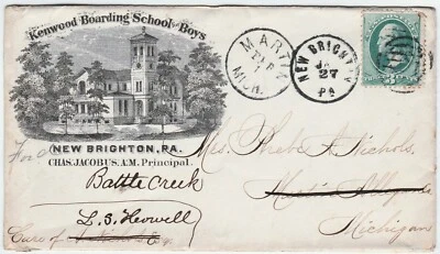 RARE Litho Illustrated Cover Envelope - 1870 Kenwood Boys School New Brighton PA - Image 1 of 2