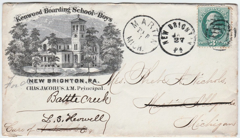 RARE Litho Illustrated Cover Envelope - 1870 Kenwood Boys School New Brighton PA - Image 1 of 2
